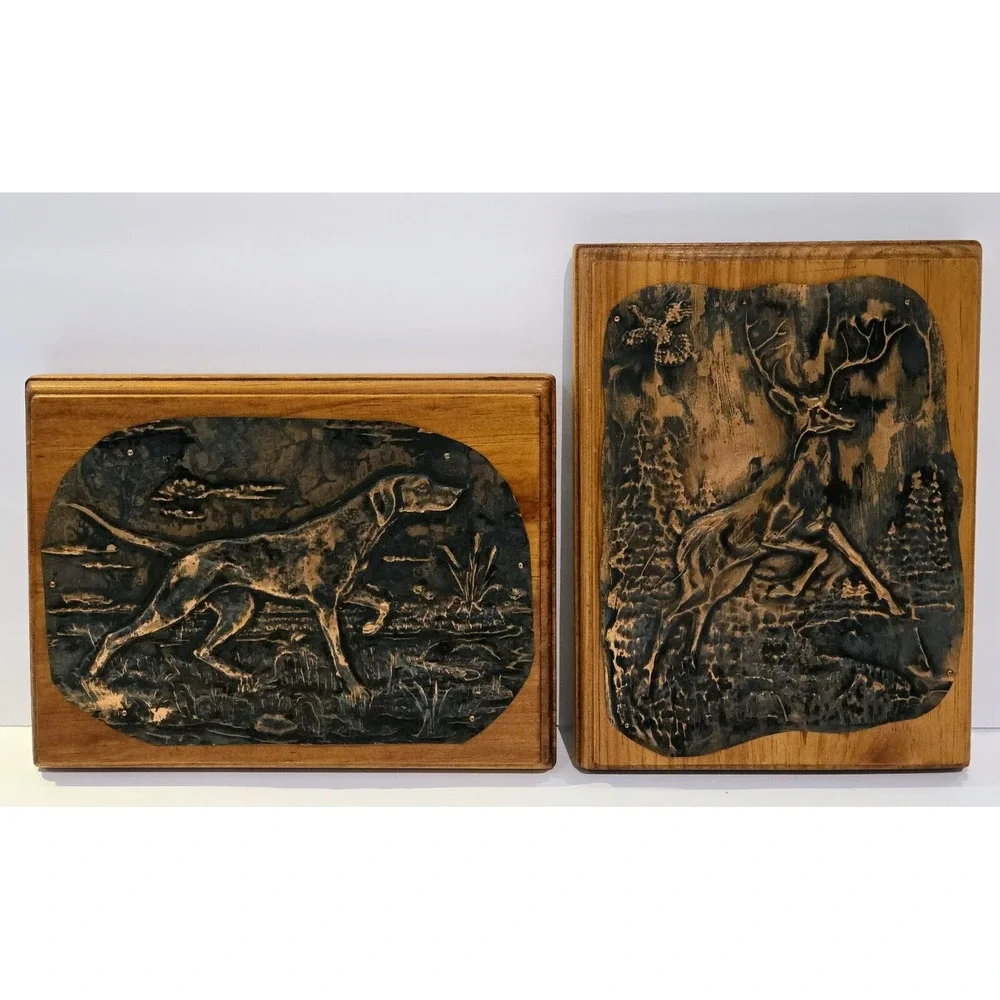 Lot 2 Vintage Hammered Copper Pointer Bird Dog & Deer Hunting Art Framed 8